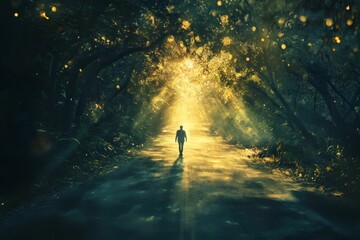 Poster - Solitary figure walks glowing path, mystical forest.