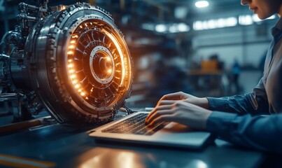 Poster - A technician working on machinery with a glowing turbine and laptop.