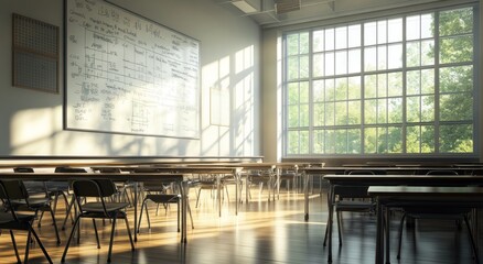 Poster - Sunlit classroom with desks, chairs, whiteboard, and large window overlooking trees.