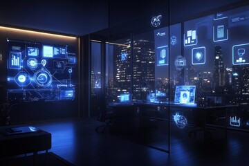 Aufkleber - Futuristic smart office at night with holographic displays showing data analytics and city view.