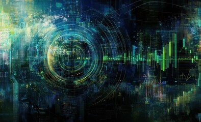 Aufkleber - Abstract digital data visualization with glowing concentric circles, graphs, and city skyline.