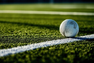 Aufkleber - Close-up of a used white baseball resting on a green artificial turf field, near a white line.
