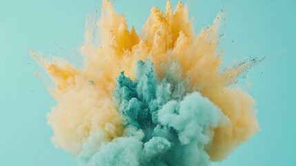 Aufkleber - Yellow and teal powder explosion against a light blue background