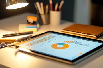 Poster - Tablet displaying graphs and charts on a desk at night.