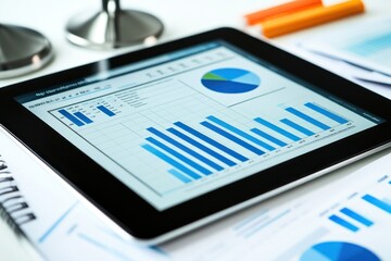 Poster - Tablet displaying financial charts and graphs on a desk.