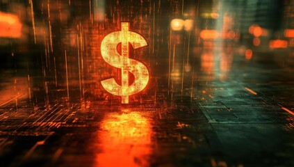 Poster - Abstract representation of digital currency symbol glowing against a futuristic backdrop, illustrated with vibrant neon colors and a high-tech atmosphere in an urban setting.