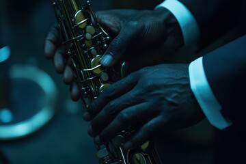 Poster - Close-up of hands holding saxophone.