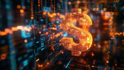Poster - Abstract Representation of a Dollar Sign in Digital Space, Highlighting the Concept of Financial Technology and Online Transactions with Brilliant Neon Colors