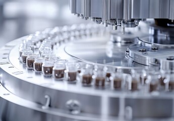 Poster - Advanced Laboratory Equipment Featuring Circular Platform with Small Vials in High-Tech Environment for Pharmaceutical Research and Development