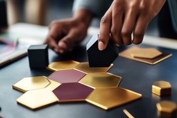 Poster - Close-up of hands arranging black geometric blocks on a gold and maroon honeycomb pattern.