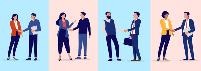 Poster - People handshake collection - Set of businesspeople vector illustrations shaking hands in office or at work over business agreement, deal and cooperation. Flat design with white background