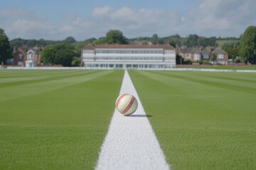 Poster - Cricket ball on center line of a green field with pavilion in background.