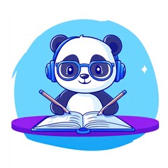 Aufkleber - Cute panda wearing glasses and headphones studying.