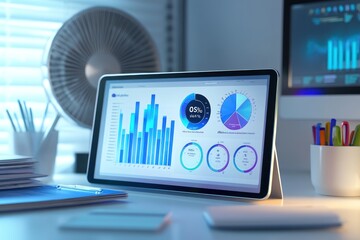 Aufkleber - Tablet displaying business analytics charts and graphs on a desk.