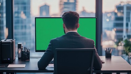 Poster - Businessman sits at desk facing green screen computer monitor in modern office overlooking city.