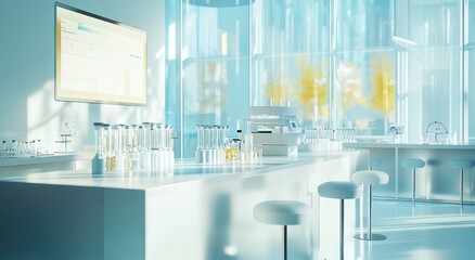 Poster - Modern, bright laboratory interior with equipment, glass walls, and sunlight.