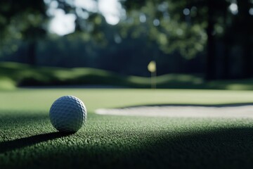 Poster - Golf ball on green, near bunker, sunlight, trees background.