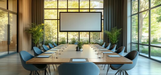 Poster - Modern conference room with large table and presentation screen.