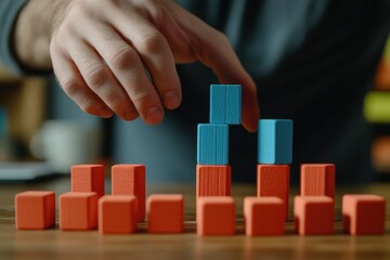 Poster - Close-up of hand placing blue block on orange blocks, building a structure.