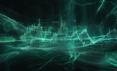 Aufkleber - Abstract teal digital landscape with data visualization, lines, and waves.