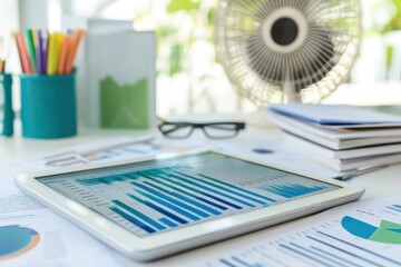 Poster - Tablet displaying financial charts on desk with fan, papers, and stationery.
