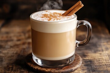 Poster - Steaming latte with cinnamon in a glass mug on wooden surface.
