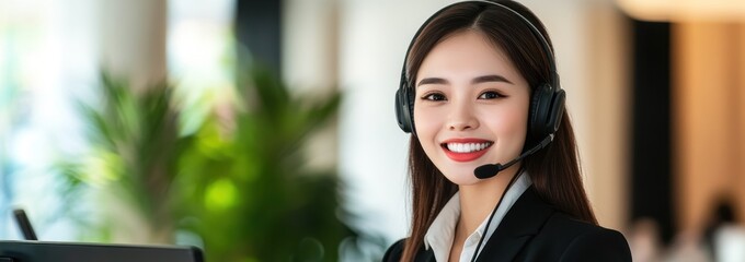 Poster - Smiling female customer service representative wearing headset.