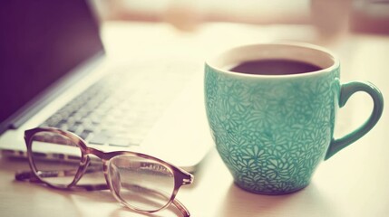 Poster - Coffee Mug Glasses Laptop Workspace Morning