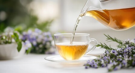 Poster - Pouring herbal tea into a glass cup on a table with flowers.