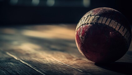 Poster - Close-up of a worn, red ball resting on a wooden surface, illuminated by sunlight.