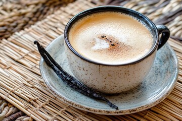 Poster - Close-up of a cup of cappuccino with vanilla beans on a rustic placemat.