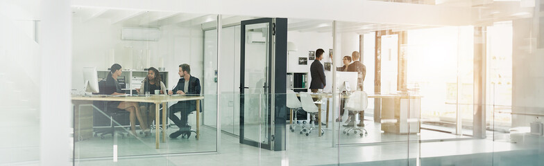 Aufkleber - Busy, collaboration and meeting with business people in office together for planning or strategy. Banner, brainstorming and partnership with employee groups in corporate workplace for discussion