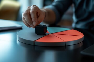 Fototapete - Close-up of a hand placing a black cube on a pie chart.
