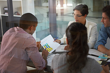 Poster - Business people, documents and statistics with chart for company performance, strategy or results at office. Group, employees or analyst with team, graph or paperwork for data review, plan or outcome