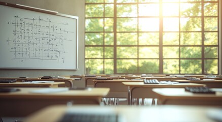 Poster - Sunlit classroom with whiteboard, desks, and large window.