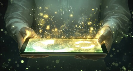 Leinwandbilder - hands holding tablet displaying glowing circular arrows.
