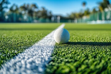 Wall Mural - Close-up of a white ball on a green artificial turf field with a white line.