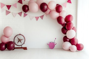 Poster - Pink and maroon balloon arch, bunting, and whimsical decor against a white brick wall in a bright room.