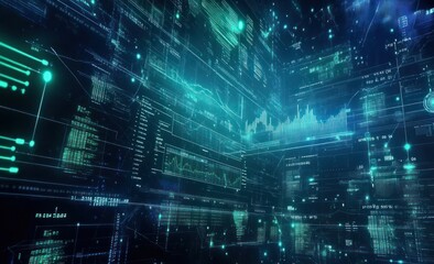 Poster - Abstract digital data visualization with glowing lines, graphs, and charts.