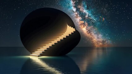Wall Mural - mysterious sphere with illuminated steps starry night sky