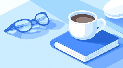 Poster - Coffee Book Glasses Resting On A Blue Surface