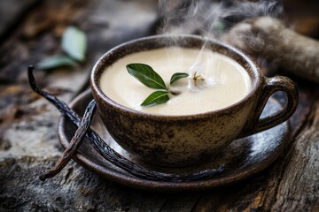 Poster - Steaming cup of vanilla flavored coffee with beans on rustic wood.