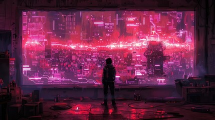 Poster - Person observing a large futuristic screen displaying a complex network.