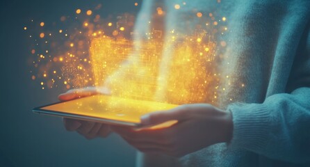 Aufkleber - Woman holding tablet, glowing digital heart.
