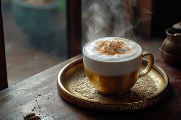 Poster - Steaming cappuccino in a gold cup on ornate tray.