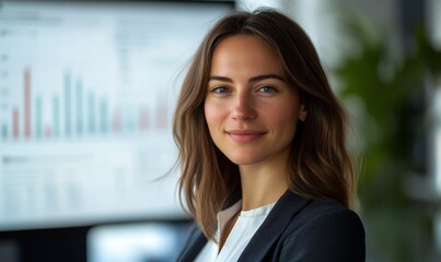 Poster - A confident woman in professional attire smiles in an office setting.
