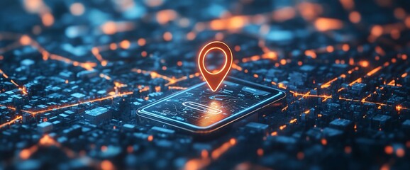 Aufkleber - A digital map with a location pin on a smartphone in a cityscape.