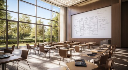 Poster - Sunlit classroom with whiteboard, desks, chairs, and large windows overlooking a park.