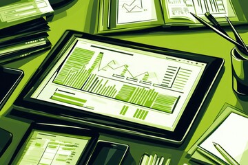 Poster - Tablet displaying financial data graphs and charts surrounded by paperwork on a green desk.