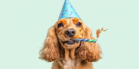 Sticker - Happy cocker spaniel dog wearing a party hat and holding a party blower.